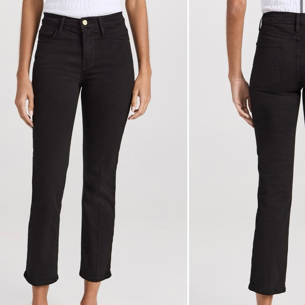 Frame Le High Straight Leg Ankle Jeans with Leather Trim - Black, Size 25